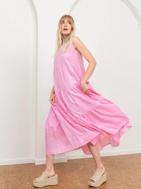 Tribe Alive Laude The Label Pink Orchid Tiered Maxi Dress Linen Size M